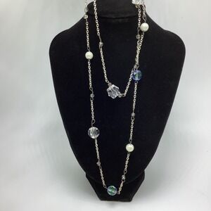 Station Necklace Faux Pearl Clear Blue Pink Acrylic Bead 2 Layer Necklace Adjust